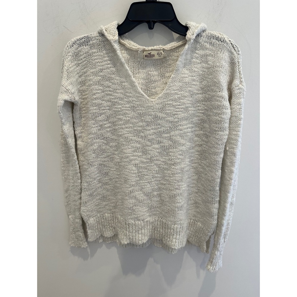 Hollister California Women Cream Knit V-Neck Hoodie Sweater XS/S comfy cozy